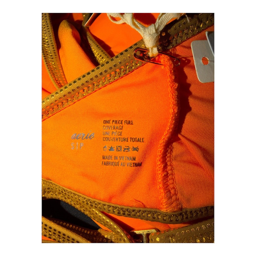 Aerie Orange/Gold One Piece Cutout Swimsuit, Small - Picture 6 of 8